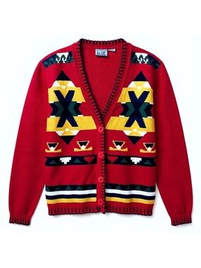Beyond Blue Vintage 90s Women’s Sz M Southwestern Cardigan Sweater Red Cotton